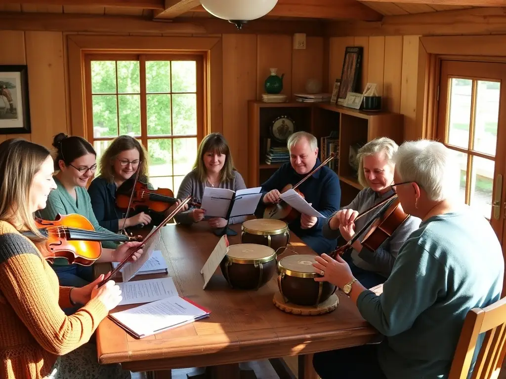 A group of workshop participants are enthusiastically playing traditional Irish instruments like the fiddle and bodhrán, guided by an instructor in a cozy, sunlit room. The atmosphere is lively and engaging, showcasing the joy of learning and playing together.