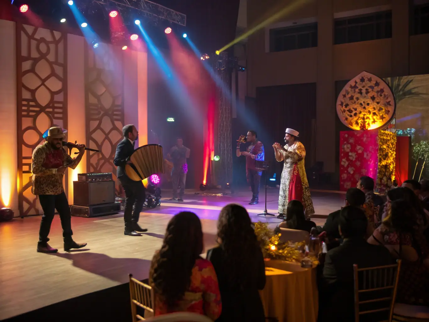 A vibrant image of a traditional Irish music concert, showcasing musicians playing various instruments like fiddles, flutes, and bodhráns, with an enthusiastic audience in the background, capturing the energy and cultural richness of the performance.