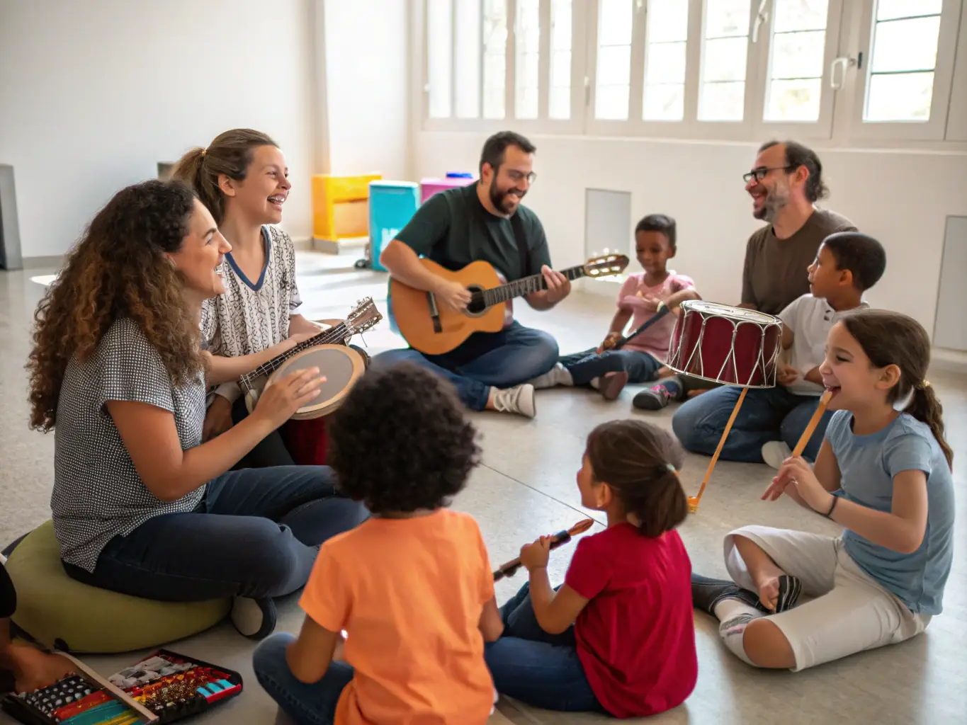 A photograph of a hands-on Irish music workshop, featuring participants learning to play traditional instruments like the tin whistle or bodhrán, guided by experienced instructors in a friendly and supportive environment.