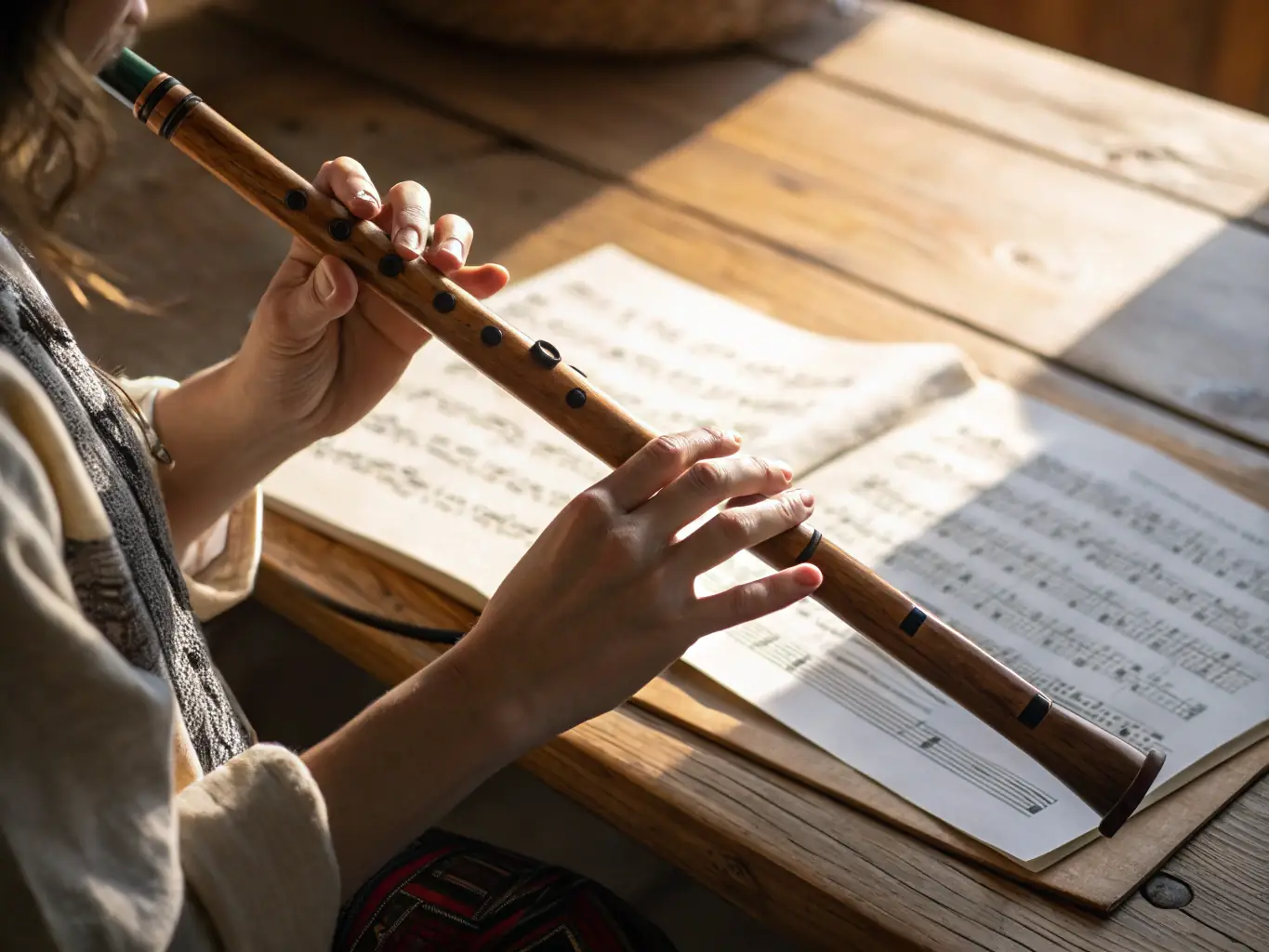 A serene image of a traditional Irish flute resting on a weathered wooden table, surrounded by sheet music and a cup of tea. The scene evokes a sense of history, tradition, and the timeless beauty of Irish music.
