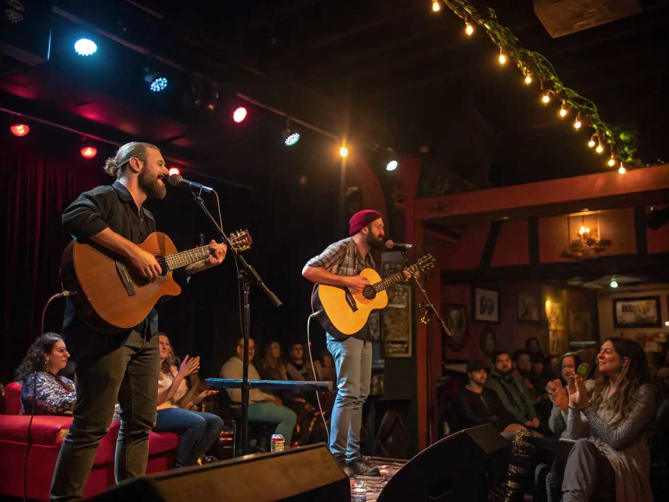 A photograph capturing the energy of a DAGAN-organized traditional Irish music concert. The stage is lit with warm colors, highlighting musicians playing fiddles, guitars, and other instruments. The audience is clapping and cheering, fully immersed in the performance.