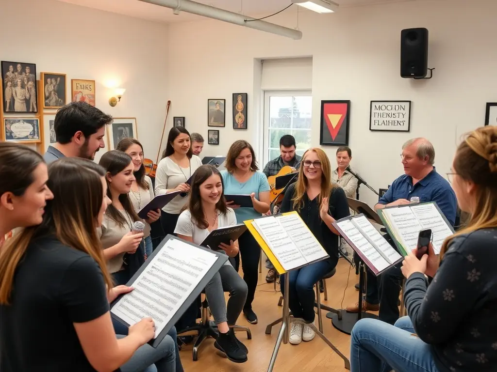A vibrant scene from a DAGAN-sponsored traditional Irish music workshop, featuring musicians teaching participants how to play the tin whistle. The setting is a community hall filled with people of all ages, deeply engaged in learning and playing the instrument.