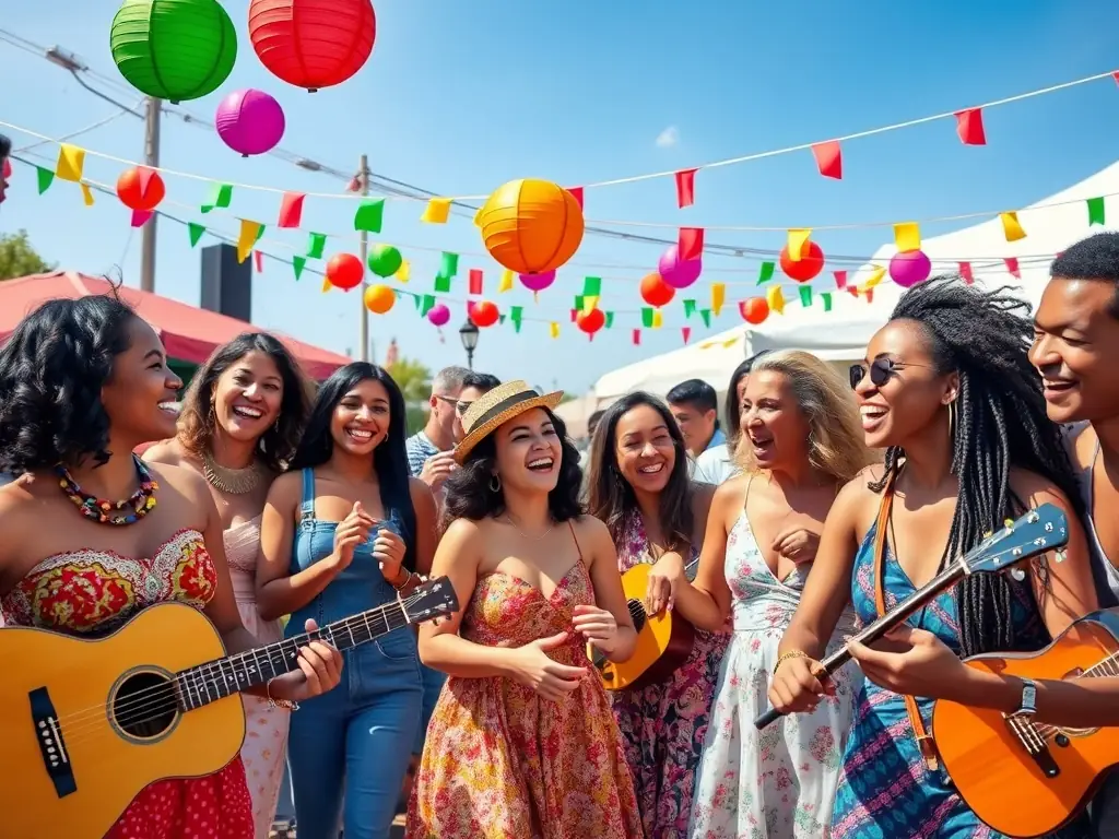 A group of diverse individuals participating in a DAGAN community event focused on traditional Irish music. The setting is outdoors, with people playing instruments, singing, and dancing together, showcasing the inclusive and celebratory atmosphere of the event.