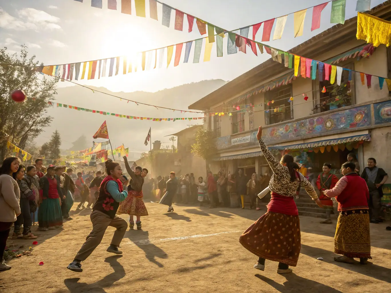 A lively scene from a DAGAN community event, showing people of all ages and backgrounds participating in Irish dancing, storytelling, or other cultural activities, fostering a sense of community and shared heritage.